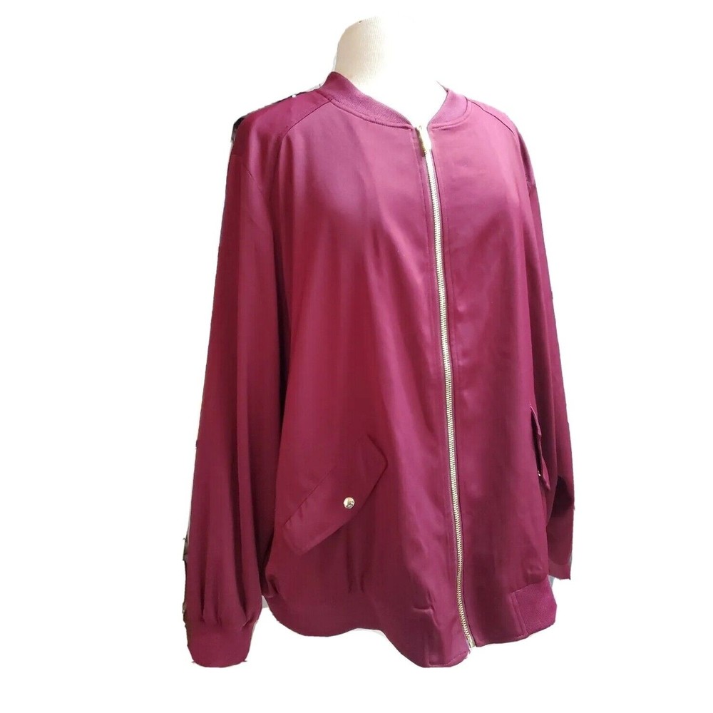 Susan Graver Lined Bomber Jacket Dark Red Gold Zipper Long Sleeve